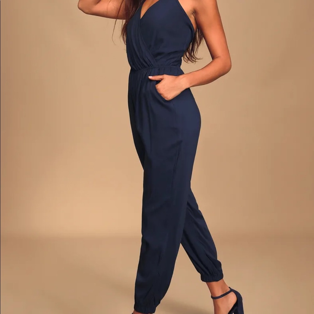 NWT Lulu’s Learning to Fly Navy Blue Halter Jumpsuit, size Small